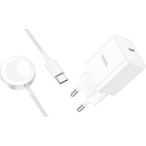Hoco Draadloze Oplader Geschikt voor Apple Watch - Snel Lader (Type C N27) Geschikt voor Apple Watch 1 / 2 / 3 / 4 / 5 / 6 / 7 / 8 / 9 / SE / Ultra - USB C Stekker & Oplaadkabel (1.2 meter) - Wit