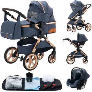 Rustive Luxe Multifunctionele 3-in-1 Kinderwagen - Inklapbaar - Kwalitatieve Buggy - Hoge Versie - Incl. Autostoel - Blauw