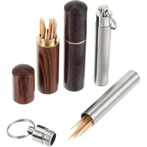 Tandenstokerdispensers - Set van 4 houten tandenstokerboxen voor onderweg, draagbaar en van metaal Tandenstokeretui - Handige houten tandenstokerhouder voor outdoor picknick