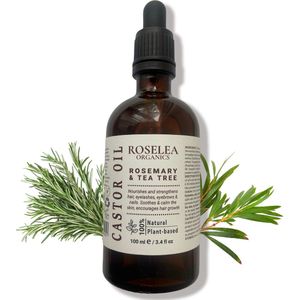 Roselea Organics - Biologische Castor Olie met Rozemarijn & Tea Tree – Veelzijdige olie voor haar, huid, wimpers, wenkbrauwen en nagels. Versterkt haar, wimpers, wenkbrauwen en nagels - 100 ml.