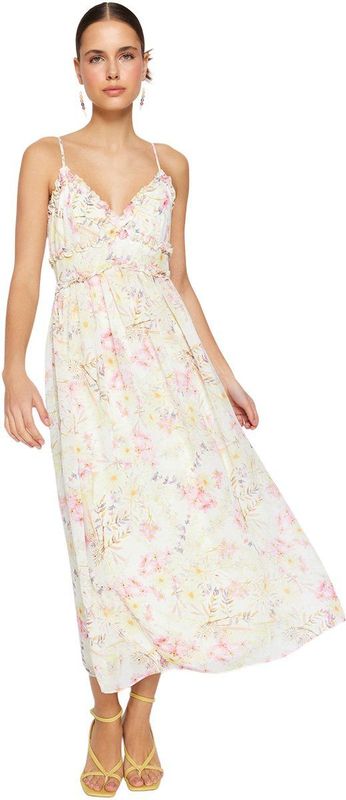 Trendyol - A-lijn Jurk - Wit - Maxi-Jurk - Met Bloemenpatroon en Ruches