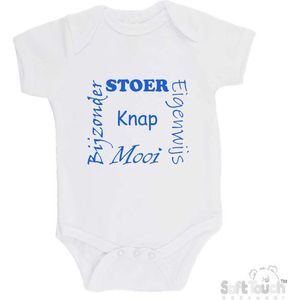 100% katoenen Romper ""Stoer Eigenwijs Mooi Bijzonder Knap"" Jongens Katoen Wit/blauw Maat 56/62
