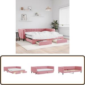 vidaXL Slaapbank met onderschuifbed - Roze - Fluweel Slaapbank - Tweepersoonsbed - Sofa Bed - Fluweelsofa - Rozesofa