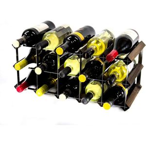 Klassieke 15 flessen eiken donker gebeitst hout en verzinkt metalen wijnrek zelfmontage