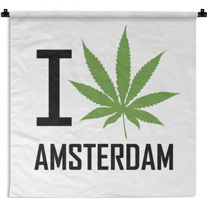 Wandkleed Amsterdam illustratie - Een illustratie van Amsterdam met een wietblad Wandkleed katoen 180x180 cm - Wandtapijt met foto