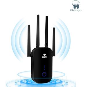 LifeStages - Wifi Versterker - WiFi Versterker - WLAN Repeater met 1200Mbps - WiFi Extender Booster Dual-band - 2,4GHz & 5,8GHz Internet Versterker met Externe 4*3dBi - Dual-Band Antennes Internet Booster tot 3000m2 - (Zwart)