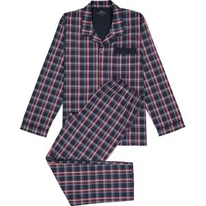 Gotzburg heren pyjama met knopen - geweven heren pyjama niet elastisch - blauw met rood en wit geruit - Maat: XL