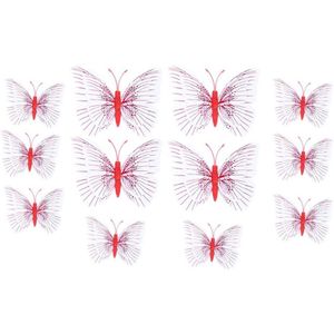 24 stuks 3D vlinder muurstickers set met spons gom en magneet - rood en zwart - decor stickers voor kinderkamer
