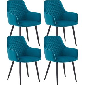 Colenis® - Beverly Eetkamerstoel - Set Van 4 - Petrol - Velvet - Met armleuning