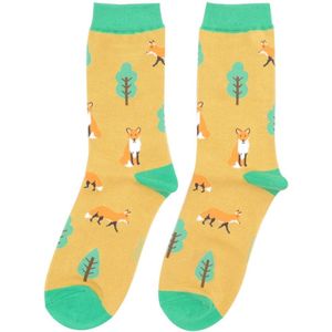 Miss Sparrow - dames sokken - vossen en bomen - geel - vos - vossenprint - dieren - dierenprint - leuke sokken - grappige sokken - cadeautje