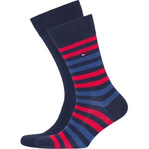 Tommy Hilfiger Duo Stripe Socks (2-pack) - herensokken katoen - gestreept en uni - blauw en rood - Maat: 39-42