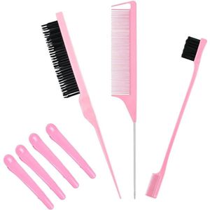 3 stuks professionele dubbelzijdige stylingborstel set met randborstel, muisstaartkam en 3 eendenbek-clips (roze)