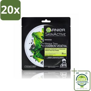 20 x Garnier - SkinActive - Tissue Masker - Charcoal - 1 Gezichtsmasker - Grootverpakking - Huid Masker - Houtskool Masker - Reinigende Masker - Hydraterend Masker - Poriën Vermindering