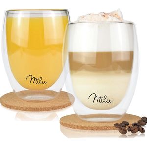 Dubbelwandig Thermo-glas Set geïsoleerd - Dubbelwandige glazen boriumsilicaatglas - Theeglas Latte Macchiato, Cappuccinoglazen, Koffieglazen (2 Drinkglazen, 350ml)