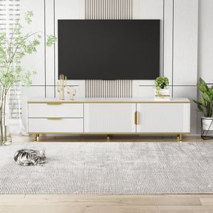 KOMHTOM TV-meubel met gebeeldhouwde textuur gouden handgrepen en pootjes met marmeren structuur Wit