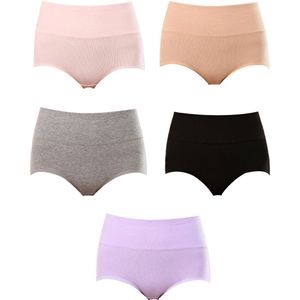 Taille Damesonderbroeken - Volledige Bedekking en Buikcontrole - Zacht Katoen - Roze/Abrikoos/Paars/Grijs/Zwart - Maat L - 5 stuks