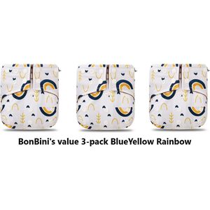 BonBini's luiers - wasbare luiers 3-pack Blue Yellow Rainbow 3-15 kg - luierbroekje - dubbele antilek preventie - drukknoopjes  en verstelbaar maat S, M, L maat 1 t/m 5