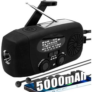 Noodradio Met Handmatige Oplader En Led-Zaklamp - Am/Fm Noaa Draagbare Weerradio Met 5000 Mah Telefoonoplader - Oplaadbaar Via Usb En Zonne-Energie - Zwart