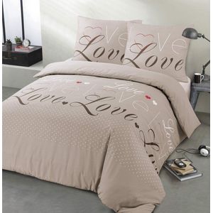 Love Beige Flanellen Set, Dekbedovertrek 240x220cm met 2 kussenslopen 65x65cm, 100% Katoen