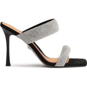 Black mules on heels with sparkly straps