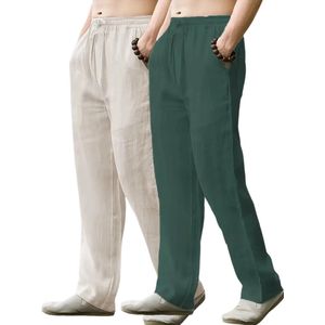 Livano Linnen Broek Heren - Zomerbroek - Volwassenen - Lange Broek - Pantalon - Strandbroek - Zomer - Ibiza Stijl - 2 Stuks Beige & Donkergroen - Maat S