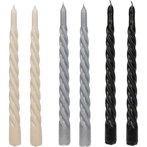 Cactula Swirl Kaarsen | Set van 6 in 3 verschillende kleuren | 2,3 x 29 cm | Trend 2021 | Lange Dinerkaarsen | Viking / Beige / Grey / Black