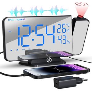 Equivera Wekkerradio - Wekkerradio - Klokradio - Digitale Wekker - Projectiewekker - Spiegeldisplay - USB-Oplaadpoort