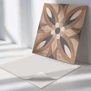 Wallfluent Vinyl Wandpaneel - Bloemenpatroon gemaakt van hout Zelfklevend Wandpaneel - 50 cm x 50 cm - Bruin PVC wandpaneel - Set van 4 - Vierkant Wandbekleding Vinyl - Texturen Wandpaneel - PVC Muurpaneel - Wandpaneel Keuken en Badkamer