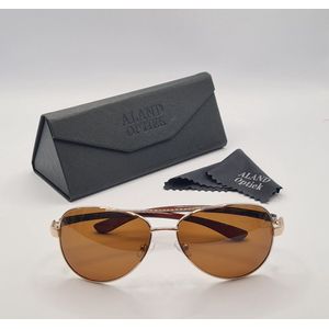 Unisex zonnebril gepolariseerd / pilotenbril / goude montuur / bril met harde en zachte brillenkokers en doekje - UV400 cat 3 - bril met brillenkoker / bruine lenzen - PZ2419 Geweldig cadeau / Aland optiek