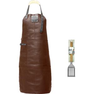 Premium – bbq schort – bruin-zwart creme – bbq schort mannen – 100% premium leder – inclusief jamie oliver bbq spatel - bbq schort leer man - Cadeau