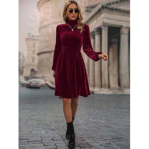 Fluwelen jurk voor dames, korte, elegante satijnen cocktailjurk met lange mouwen, A-lijn formele jurk Groente S