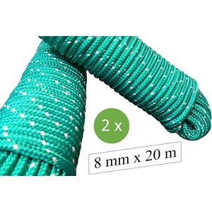 Touw 8 mm 40 m - 2 stuks set - polypropyleen touw PP, aanmaaklijn, multifunctioneel touw, breien, tuintouw, outdoor - breukbelasting: 700 kg, 40m x 8 mm set van 2 (2 x 20 m), groen-wit
