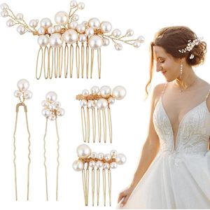 ByShane - Parelbruid Haarkam Set van 5 Stuks Voor Bruiloft - Gouden U-vorm Haarclip met Faux Parel - Vintage Bruids Haaraccessoires - Voor Vrouwen en Meisjes