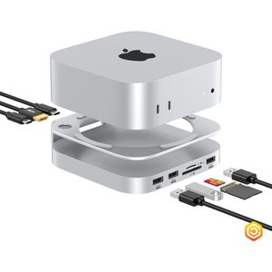 Casecentive - Aluminium 8-in-1 Dockingstation Hub Stand - Geschikt voor Mac Mini M4/M4 Pro - HDMI - USB C - USB A - (Micro)SD card - SSD Slot - Zilver