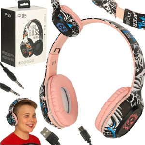 MOZY® - Draadloze Koptelefoon - Roze Graffiti - Bluetooth - tot 10 Meter - tot 100 uur - Bedieningspaneel - Micro SD-kaartlezer - Hoofdtelefoon Kinderen - Verstelbaar
