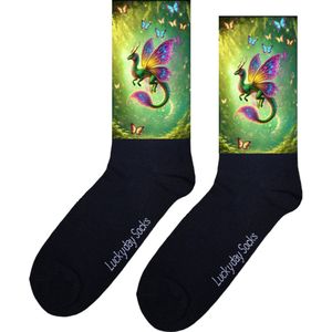 LuckyDay Socks - Vlinder draak - Opkikker - Beterschap - Magisch - Bloemen - Verjaardag cadeau - Leuke sokken - Vrolijke sokken - Kerst sokken - Print sokken - Sinterklaas cadeau - Grappig cadeau - Moederdag - Vaderdag - Socks maken Happy - 37-44