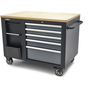 HBM Verrijdbare Gereedschapswagen, Werkbank 114 cm met Houten Werkblad, Zwart/Grijs