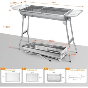 Roestvrijstalen houtskoolbarbecue, inklapbaar, outdoor, BBQ, draagbare campingbarbecue, staande grill, grillwagen, kolengrillm 74 x 33,5 x 71,5 cm.