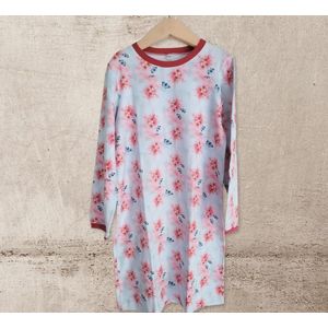 Nachthemd/Nachtjapon | Lange Mouw | Lichtblauw | Roze/Rode Details | Bloemen/Vlinderprint | Maat 104