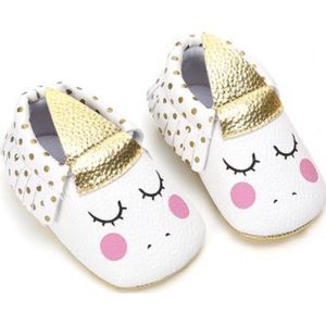 Supercute Eenhoorn Baby Slofjes - Wit Roze Goud - 12/15 Maanden - Unicorn - PU Leer - Mocassins - Kraamcadeau - Babyshower