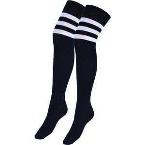 2 Paar Overknee kousen - Katoen - Zwart met Wit strepen- Maat 35-38