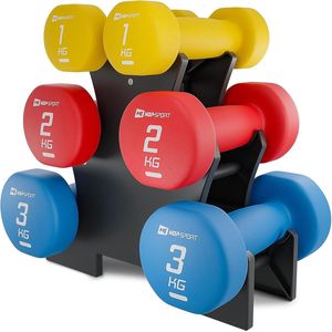 Hop-Sport Halterset 12 kg - Set van 6 Halters met Neopreen Antislip Coating (2x1 kg, 2x2 kg, 2x3 kg) - Inclusief Halterstandaard - Fitnesshalters voor Thuis en Krachttraining - Model HS-V120DRS