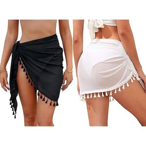 2-delige dames strandkleding chiffon stranddoek sarong rok met franjes zwart-wit