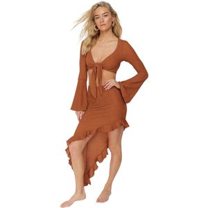 Trendyol Witte Aansluitende Geweven Ruche Blouse Rok Strandset Tbess23Au00040