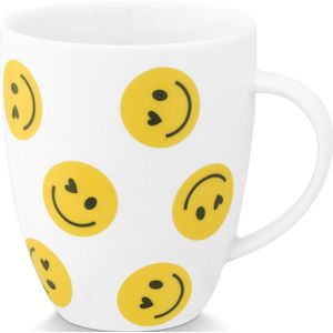 VT Wonen Smiley - set van 2 mokken - 250ml - wit - gele smiley op mok