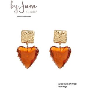 ByJam Hartjes Oorbellen - Oorbel Set van 2 met Hart Hangers - Roestvrij Staal - Hypoallergeen - Klassieke Uitstraling - Goud met Oranje - 0x2,6x4,2 cm