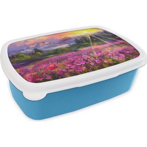 Broodtrommel Blauw - Lunchbox - Brooddoos - Schilderij - Olieverf - Bloemen - Natuur - Zon - 18x12x6 cm - Kinderen - Jongen