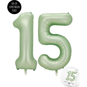 Cijfer Helium Folie Ballon XXL - 15 jaar cijfer - Olive - Groen - Satijn - Nude - 100 cm - leeftijd 15 jaar feestartikelen verjaardag