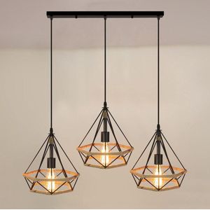 Hanglamp met 3 lampen - E27 fitting - Industriële plafondlamp met metalen kooi en henneptouw - Retro design - Geschikt voor eetkamer en keuken - 50 cm lang