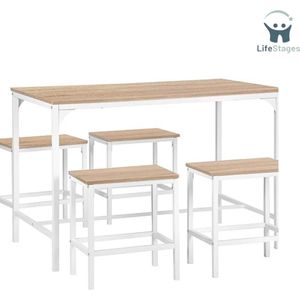 LifeStages - Bartafel Met Barstoelen - Bartafel Met 4 Barkrukken - Eettafel Voor Keuken - Beukenhout - Wit - Set Van 5